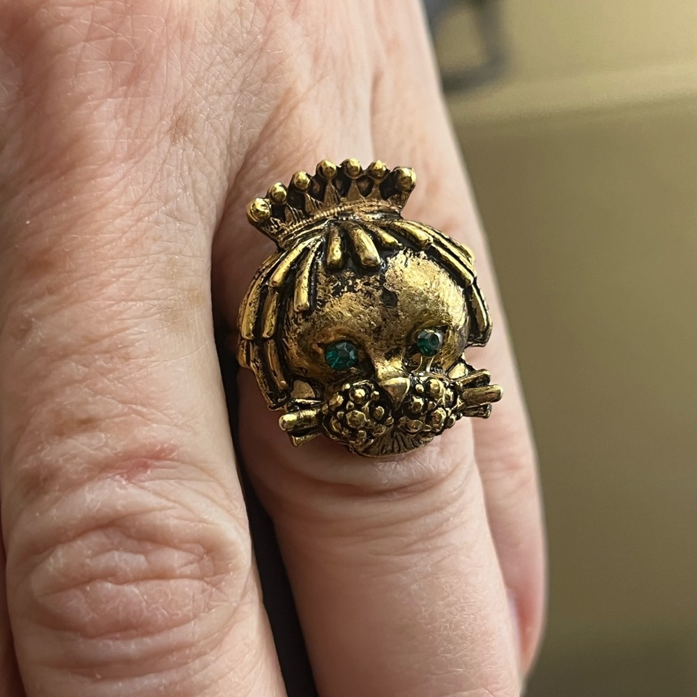 Gold Lion Head Ring with Green Accents